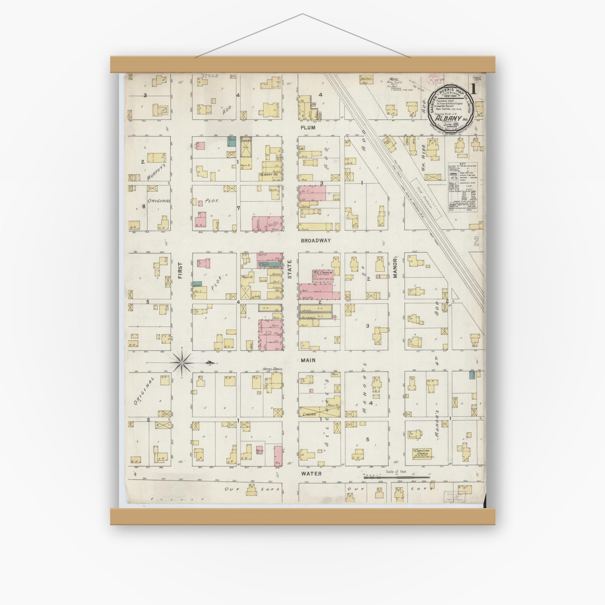 Old map wall art mockup — magnetic wood frame on white wall — Sanborn Fire Insurance Map from Albany, Delaware County, Indiana (1895) - Complete Map Set
