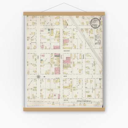 Old map wall art mockup — magnetic wood frame on white wall — Sanborn Fire Insurance Map from Albany, Delaware County, Indiana (1895) - Complete Map Set