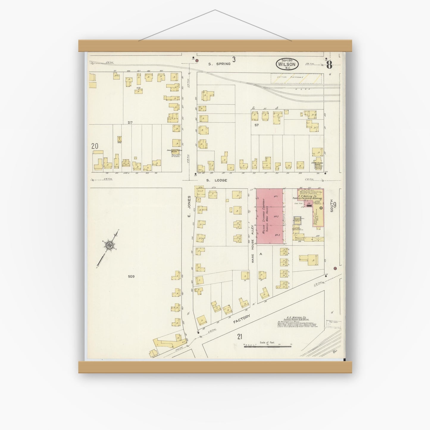 Old map wall art mockup — magnetic wood frame on white wall — Sanborn Fire Insurance Map from Wilson, Wilson County, North Carolina (1913), Sheet #0008