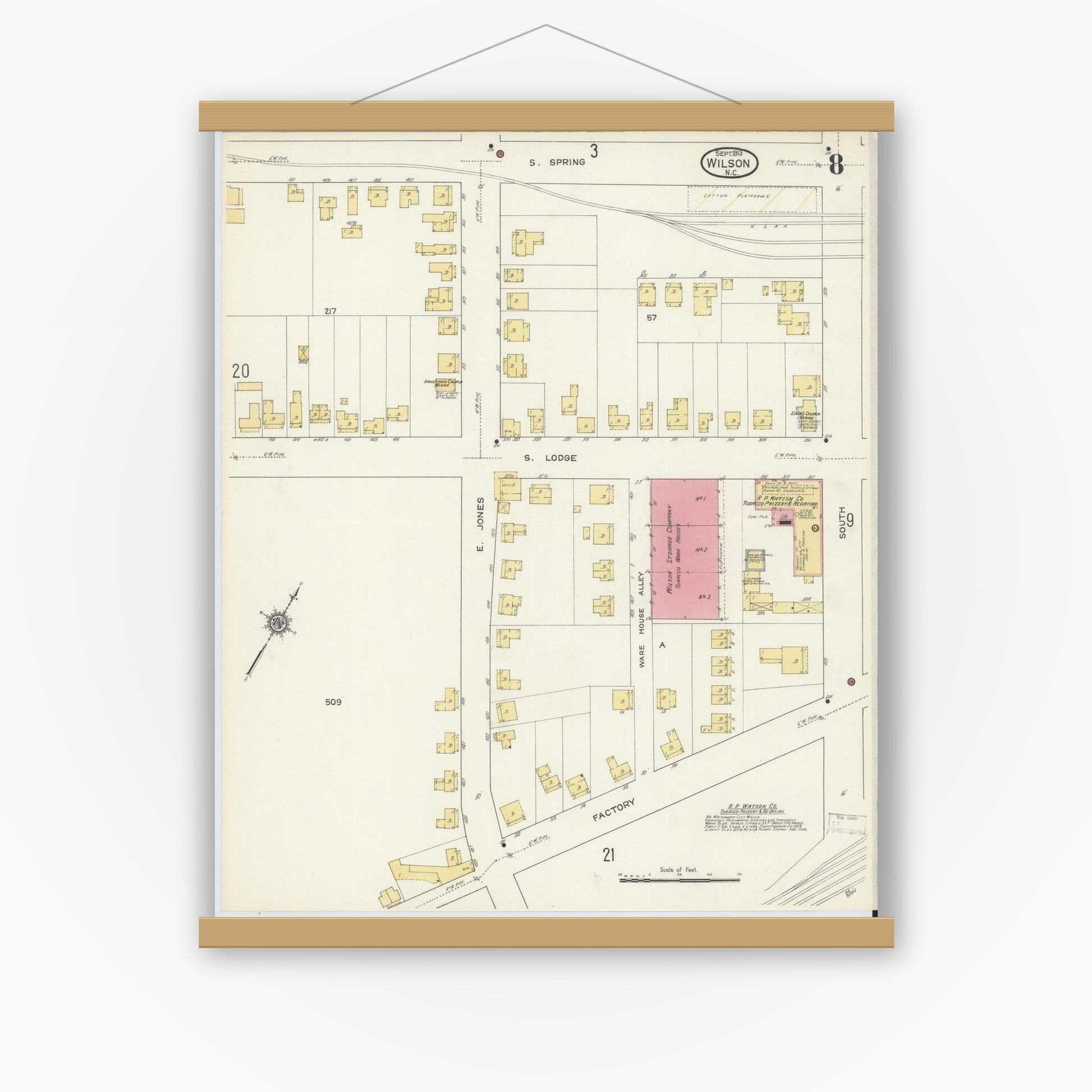Old map wall art mockup — magnetic wood frame on white wall — Sanborn Fire Insurance Map from Wilson, Wilson County, North Carolina (1913), Sheet #0008
