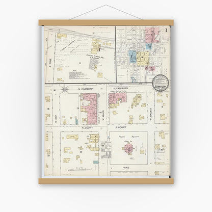 Old map wall art mockup — magnetic wood frame on white wall — Sanborn Fire Insurance Map from Stanton, Montcalm County, Michigan (1887) - Complete Map Set