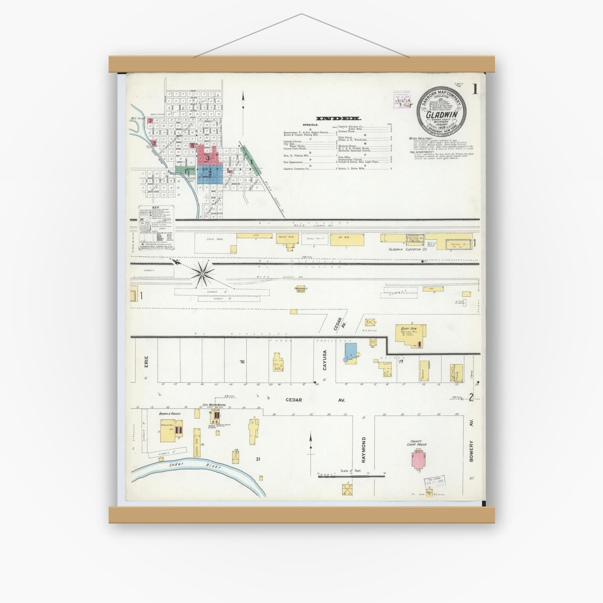 Old map wall art mockup — magnetic wood frame on white wall — Sanborn Fire Insurance Map from Gladwin, Gladwin County, Michigan (1909) - Complete Map Set
