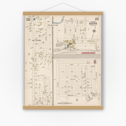 Old map wall art mockup — magnetic wood frame on white wall — Sanborn Fire Insurance Map from Herkimer, Herkimer County, New York (1923), Sheet #0025