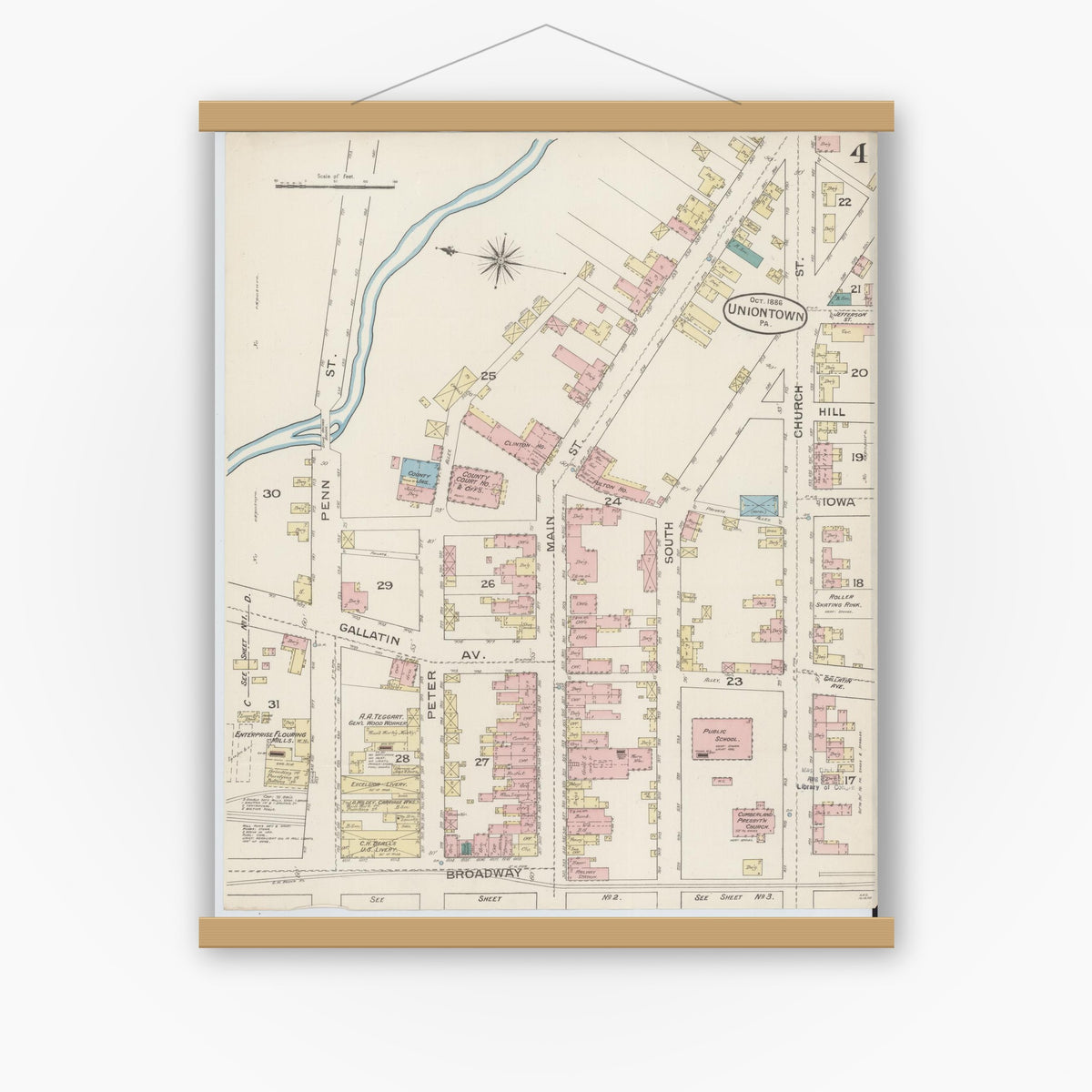 Old map wall art mockup — magnetic wood frame on white wall — Sanborn Fire Insurance Map from Uniontown, Fayette County, Pennsylvania (1886), Sheet #0004