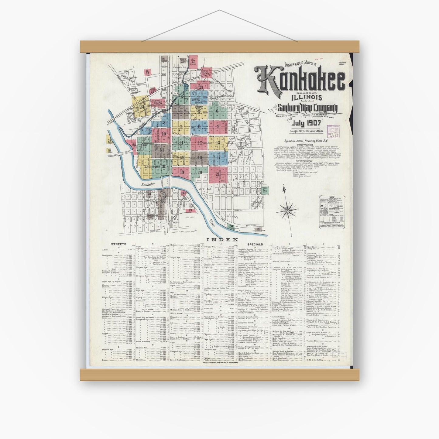 Old map wall art mockup — magnetic wood frame on white wall — Sanborn Fire Insurance Map from Kankakee, Kankakee County, Illinois (1907), Sheet #0001