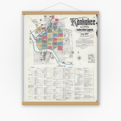 Old map wall art mockup — magnetic wood frame on white wall — Sanborn Fire Insurance Map from Kankakee, Kankakee County, Illinois (1907), Sheet #0001