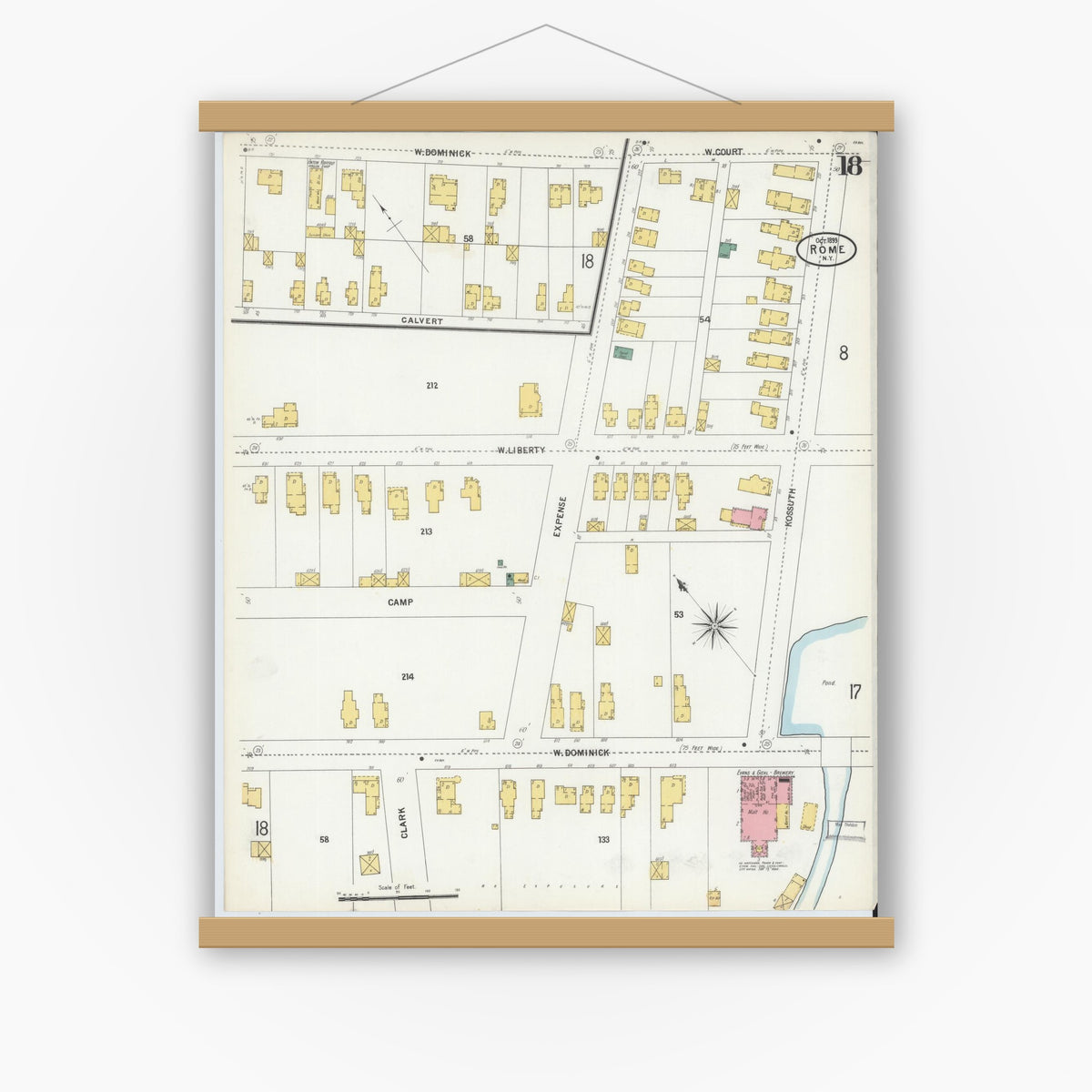Old map wall art mockup — magnetic wood frame on white wall — Sanborn Fire Insurance Map from Rome, Oneida County, New York (1899), Sheet #0018