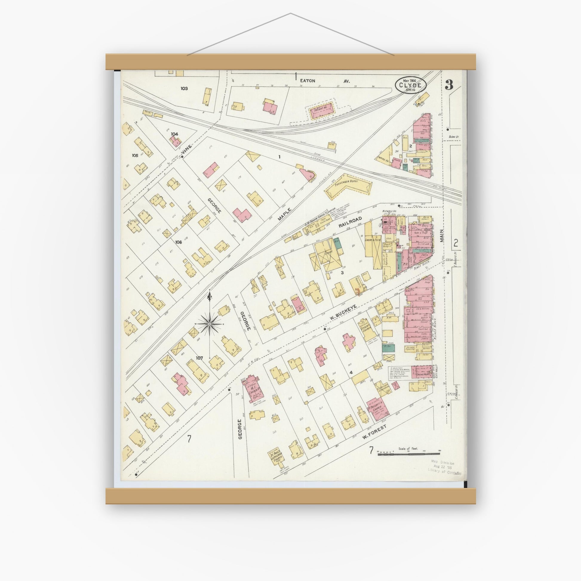 Old map wall art mockup — magnetic wood frame on white wall — Sanborn Fire Insurance Map from Clyde, Sandusky County, Ohio (1906), Sheet #0003