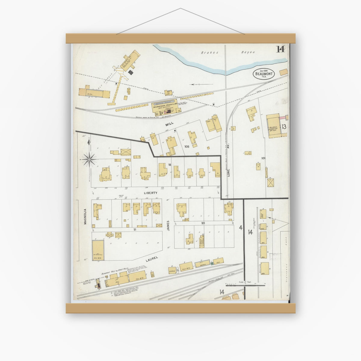 Old map wall art mockup — magnetic wood frame on white wall — Sanborn Fire Insurance Map from Beaumont, Jefferson County, Texas (1899), Sheet #0014