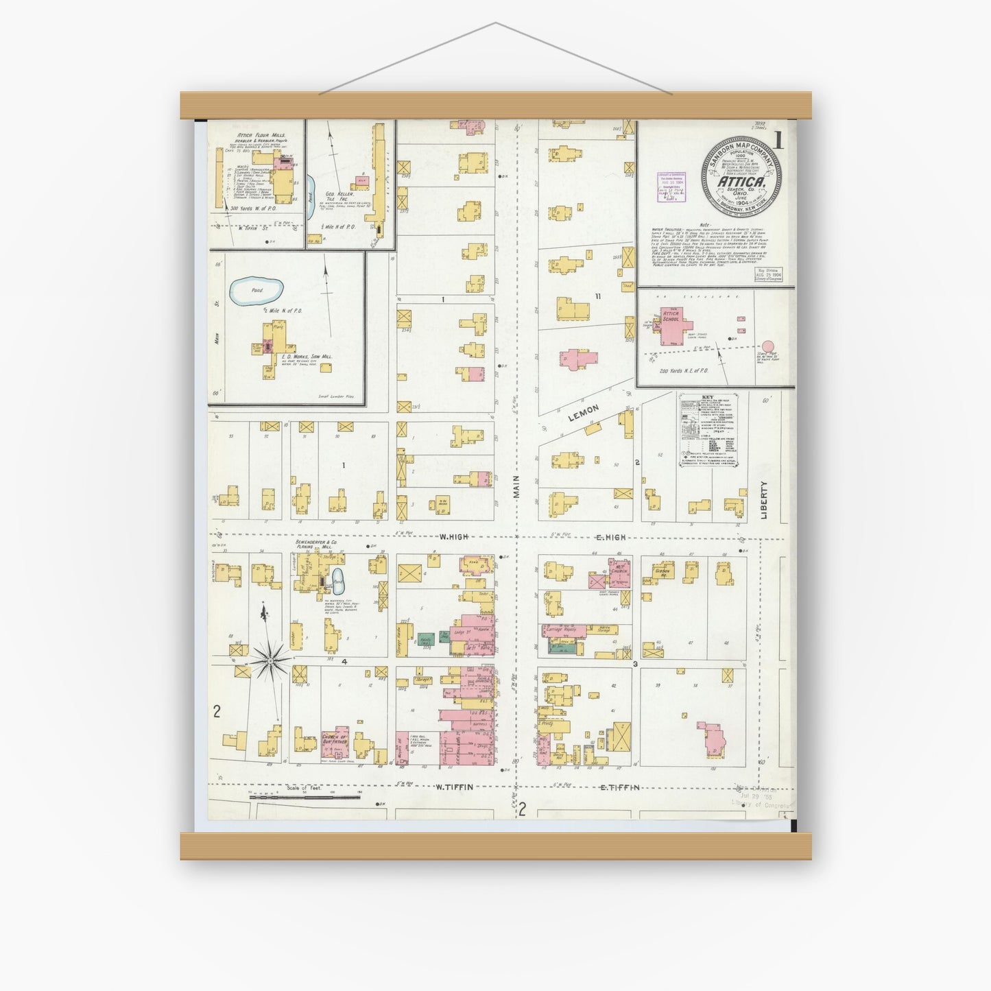 Old map wall art mockup — magnetic wood frame on white wall — Sanborn Fire Insurance Map from Attica, Seneca County, Ohio (1904), Sheet #0001