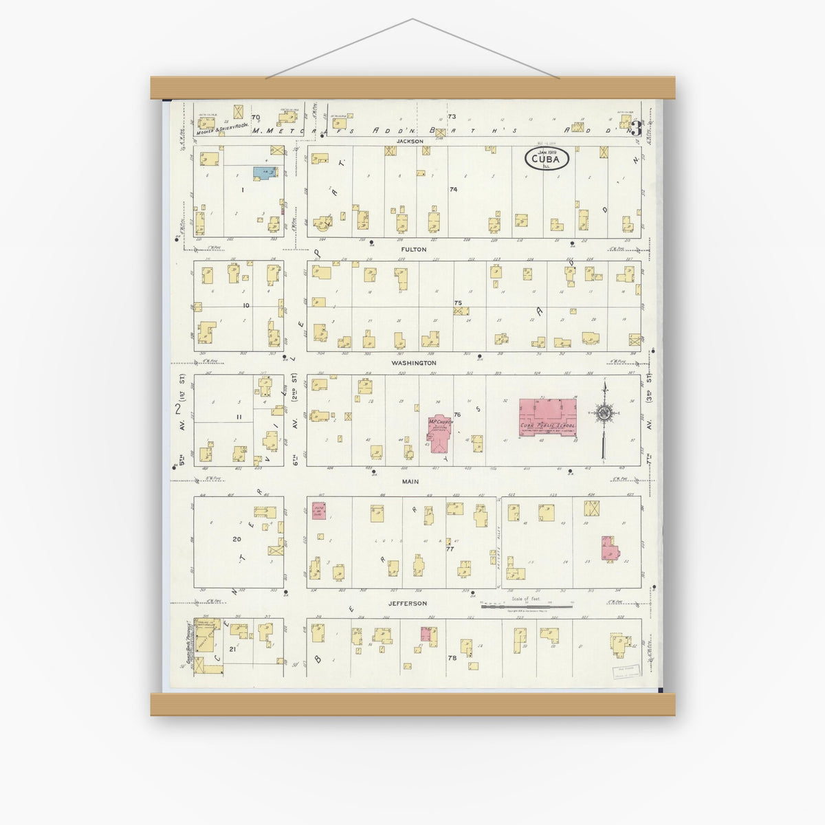 Old map wall art mockup — magnetic wood frame on white wall — Sanborn Fire Insurance Map from Cuba, Fulton County, Illinois (1919), Sheet #0003