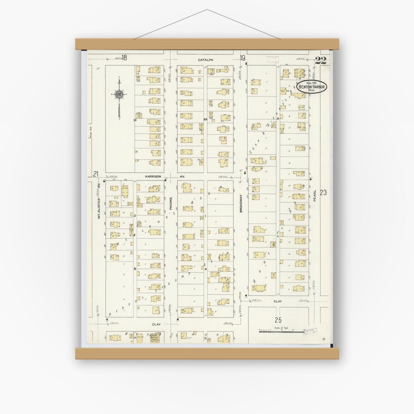 Old map wall art mockup — magnetic wood frame on white wall — Sanborn Fire Insurance Map from Benton Harbor, Berrien County, Michigan (1911), Sheet #0022