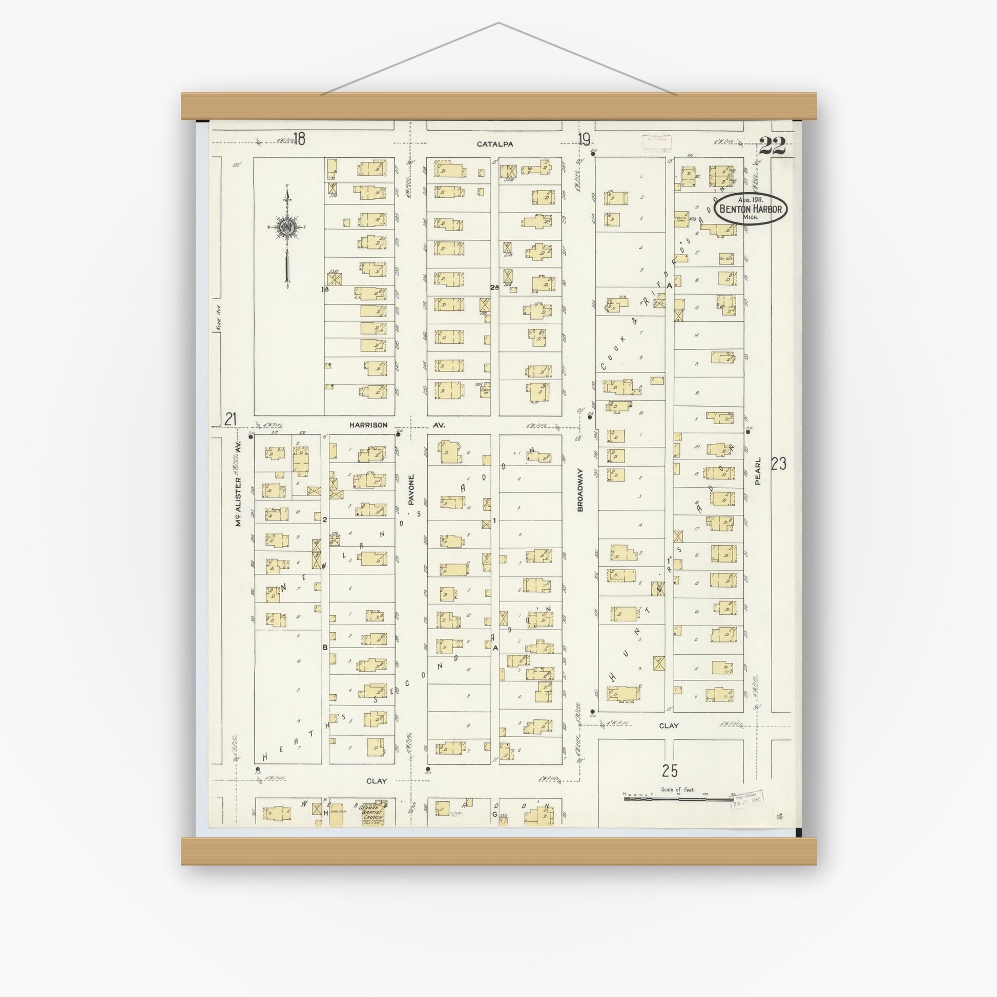 Old map wall art mockup — magnetic wood frame on white wall — Sanborn Fire Insurance Map from Benton Harbor, Berrien County, Michigan (1911), Sheet #0022