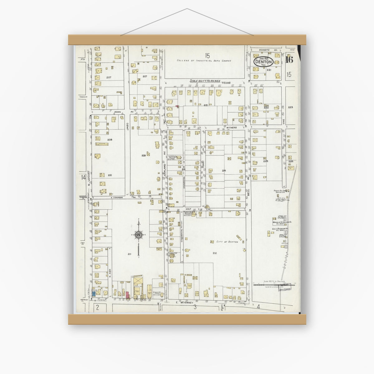 Old map wall art mockup — magnetic wood frame on white wall — Sanborn Fire Insurance Map from Denton, Denton County, Texas (1921), Sheet #0016