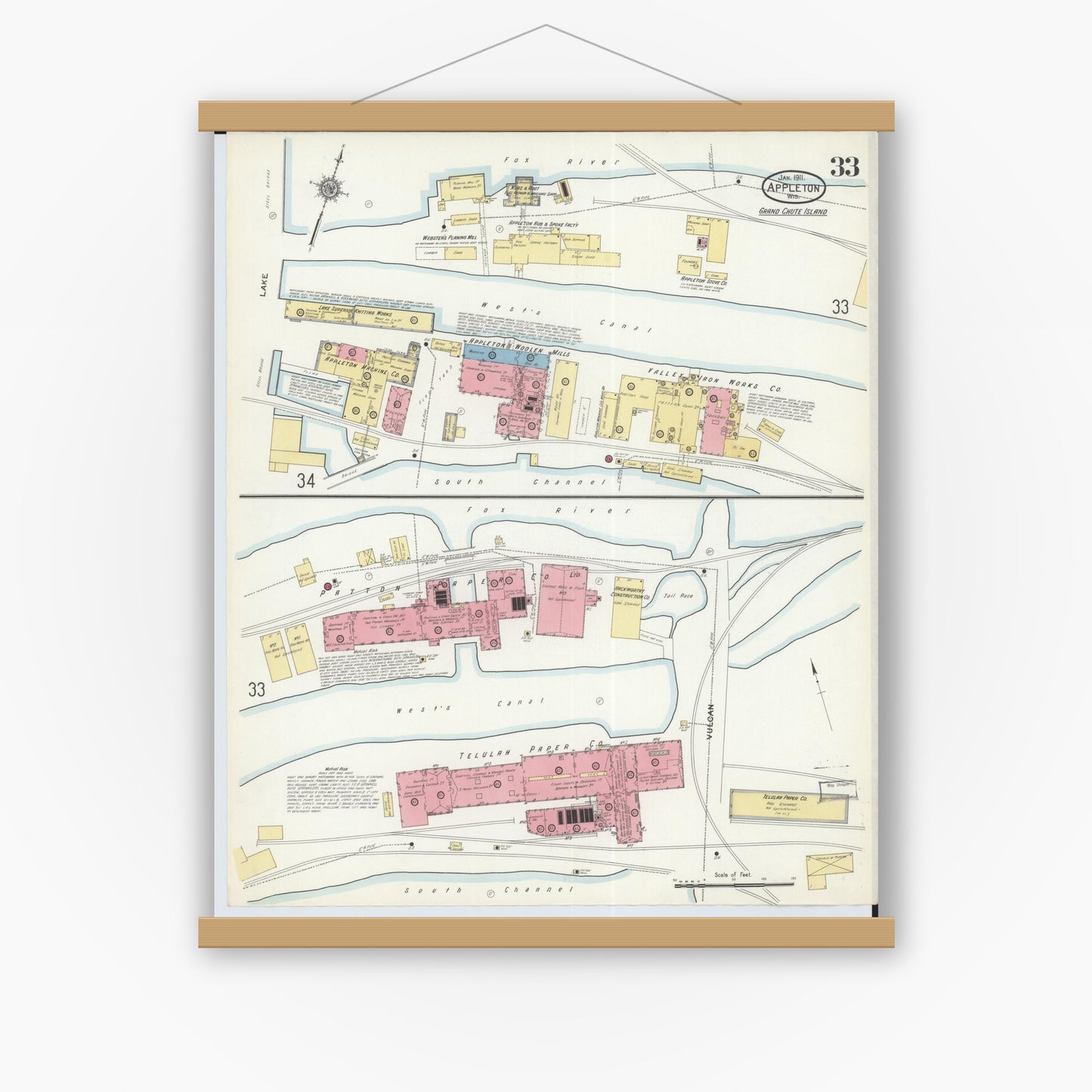 Old map wall art mockup — magnetic wood frame on white wall — Sanborn Fire Insurance Map from Appleton, Outagamie County, Wisconsin (1911), Sheet #0033