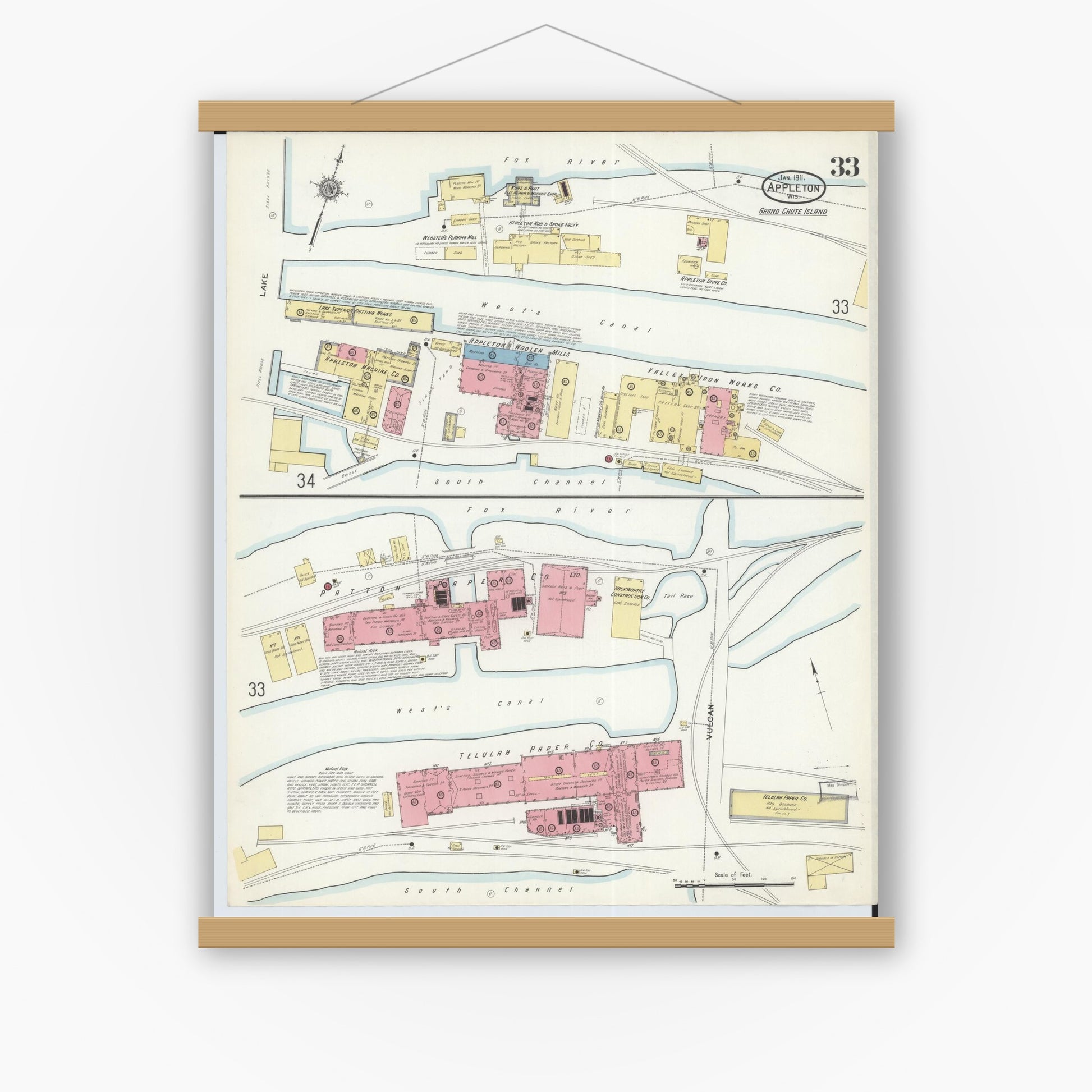 Old map wall art mockup — magnetic wood frame on white wall — Sanborn Fire Insurance Map from Appleton, Outagamie County, Wisconsin (1911), Sheet #0033