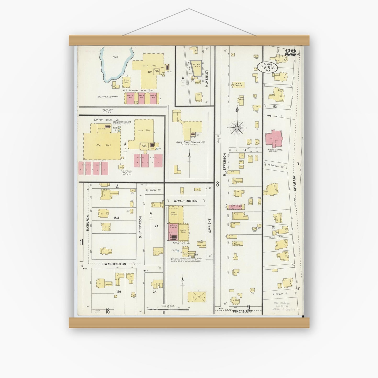 Old map wall art mockup — magnetic wood frame on white wall — Sanborn Fire Insurance Map from Paris, Lamar County, Texas (1902), Sheet #0022