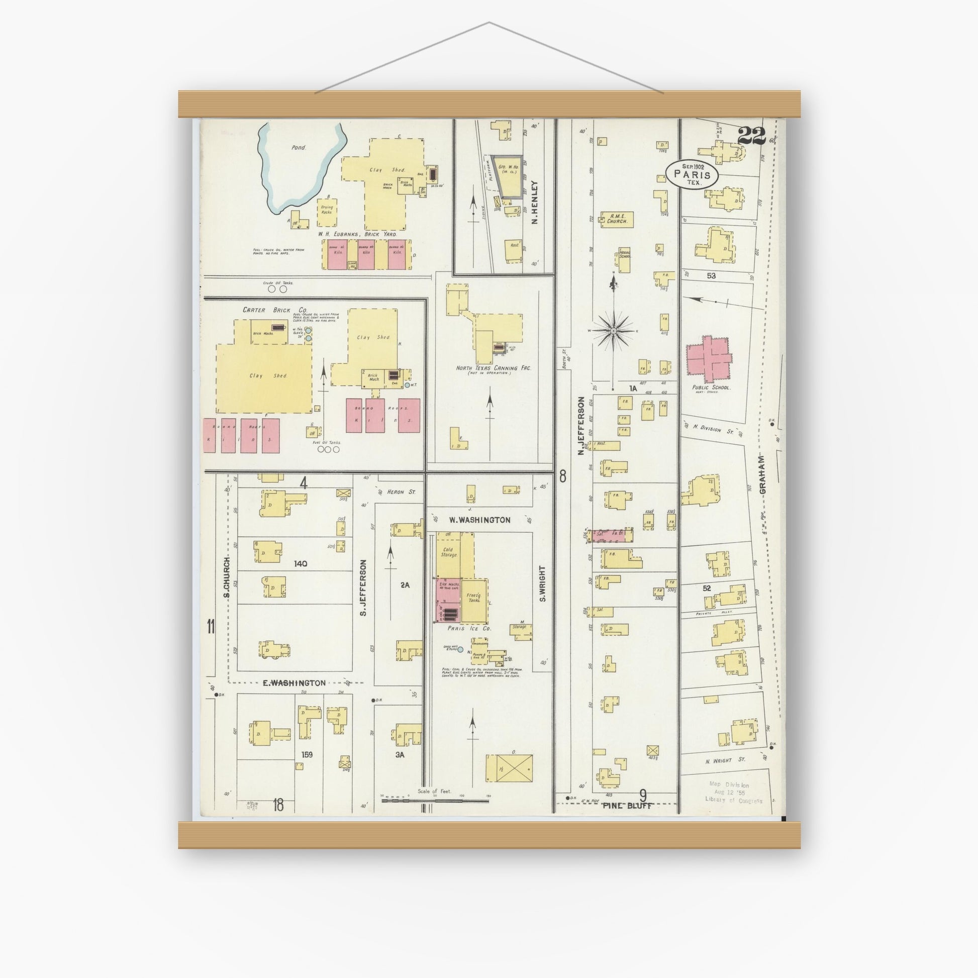 Old map wall art mockup — magnetic wood frame on white wall — Sanborn Fire Insurance Map from Paris, Lamar County, Texas (1902), Sheet #0022