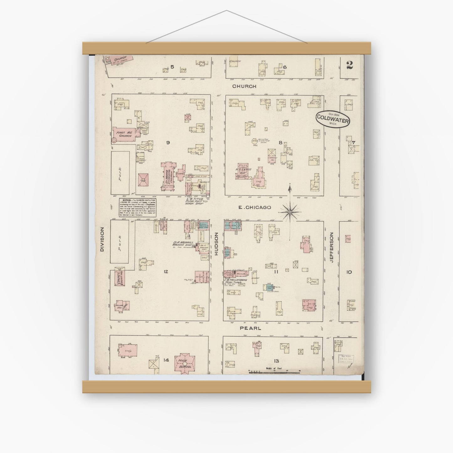 Old map wall art mockup — magnetic wood frame on white wall — Sanborn Fire Insurance Map from Coldwater, Branch County, Michigan (1884), Sheet #0002