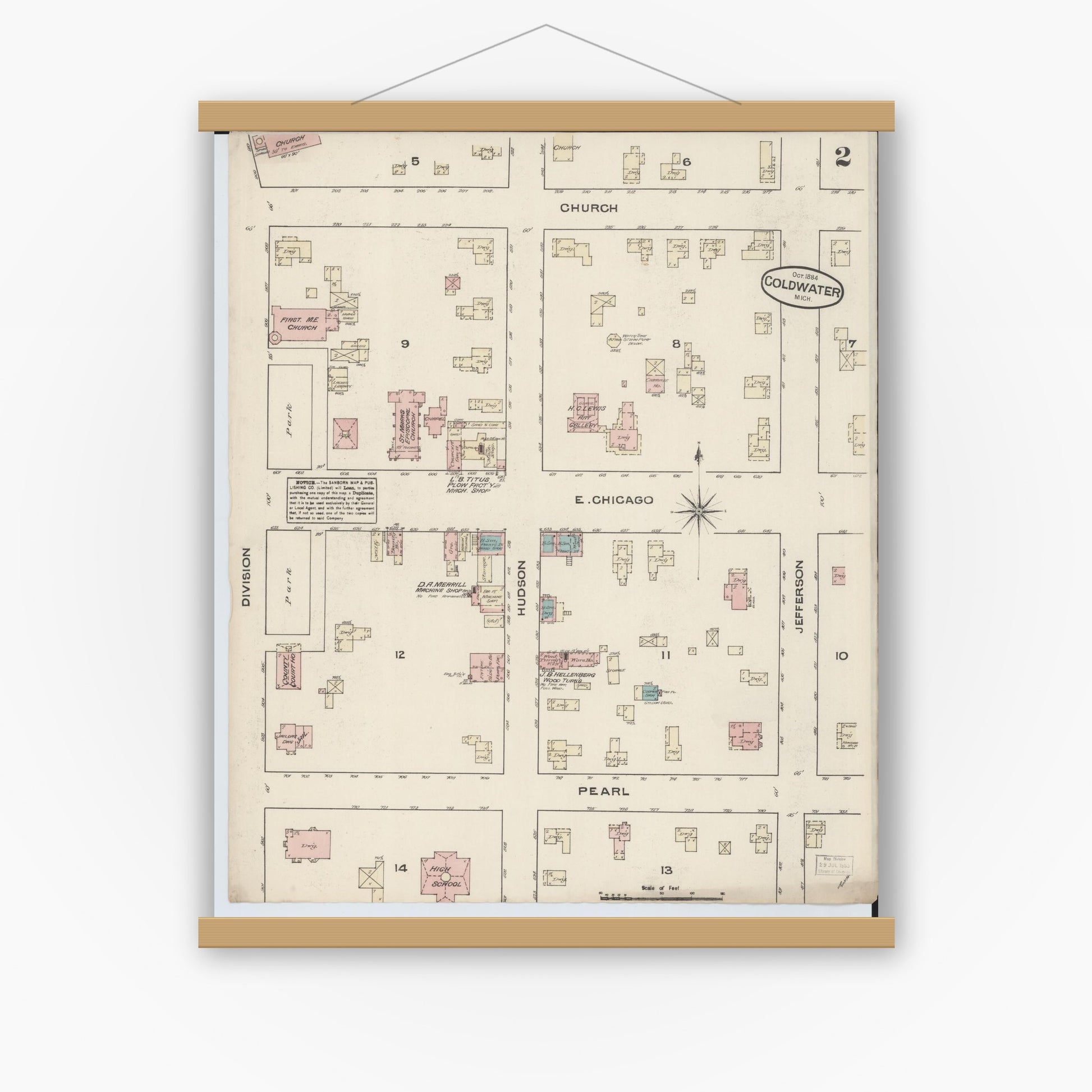 Old map wall art mockup — magnetic wood frame on white wall — Sanborn Fire Insurance Map from Coldwater, Branch County, Michigan (1884), Sheet #0002