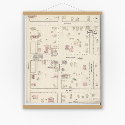 Old map wall art mockup — magnetic wood frame on white wall — Sanborn Fire Insurance Map from Coldwater, Branch County, Michigan (1884), Sheet #0002