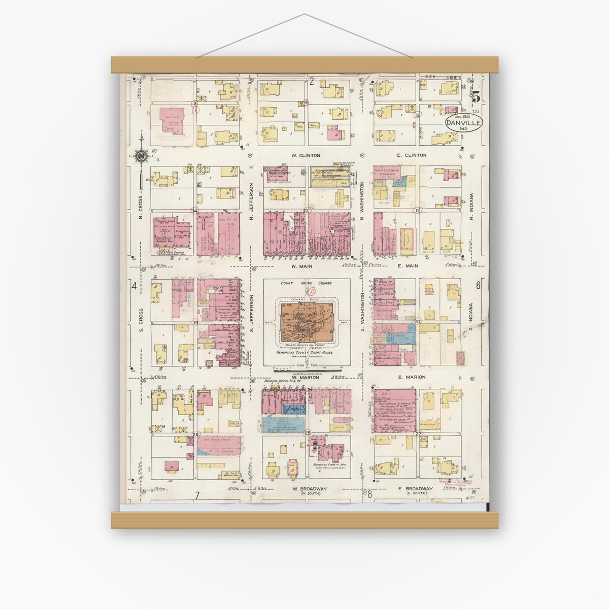 Old map wall art mockup — magnetic wood frame on white wall — Sanborn Fire Insurance Map from Danville, Hendricks County, Indiana (1932), Sheet #0005