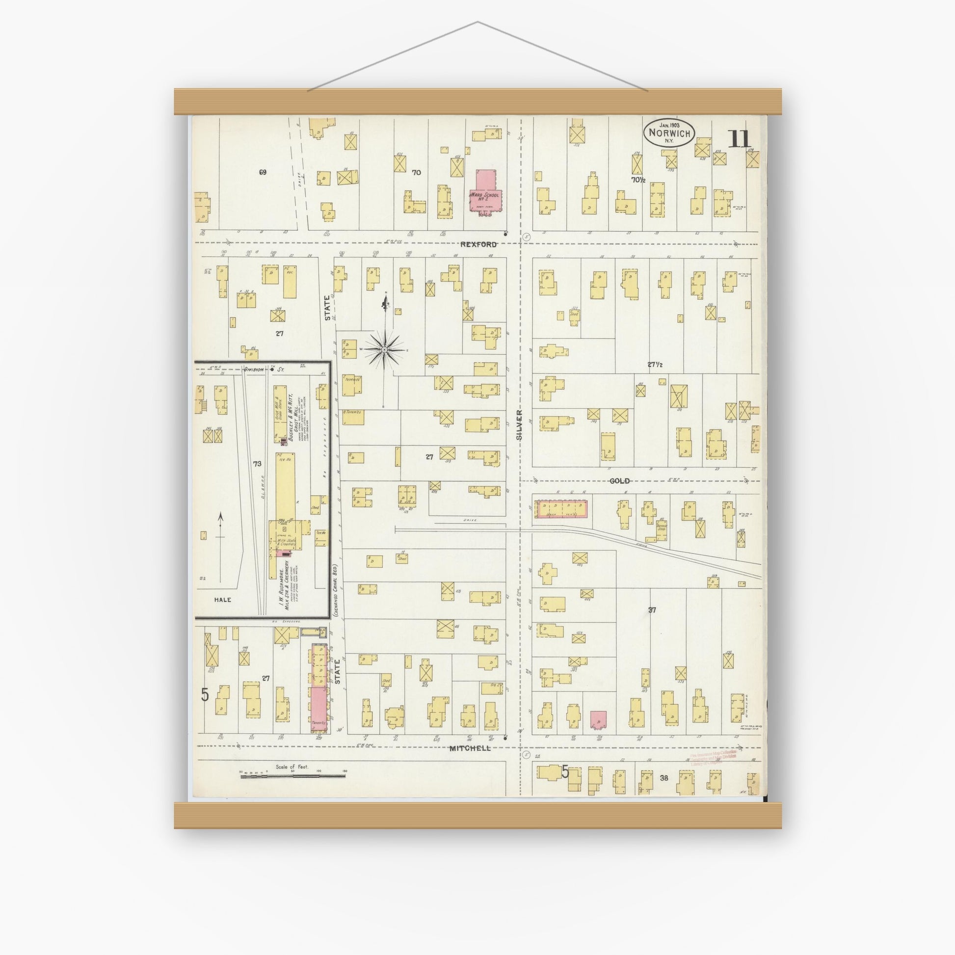 Old map wall art mockup — magnetic wood frame on white wall — Sanborn Fire Insurance Map from Norwich, Chenango County, New York (1903), Sheet #0011