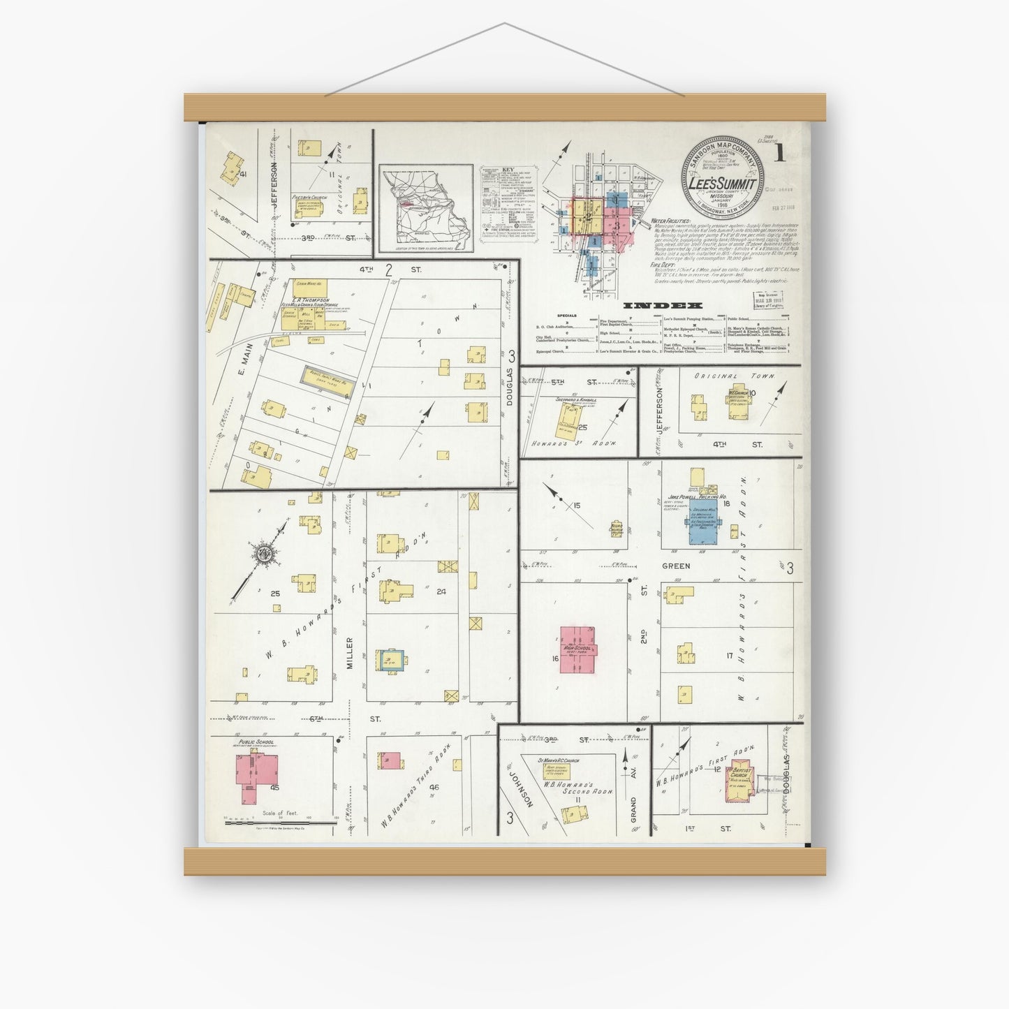 Old map wall art mockup — magnetic wood frame on white wall — Sanborn Fire Insurance Map from Lee's Summit, Jackson County, Missouri (1918) - Complete Map Set
