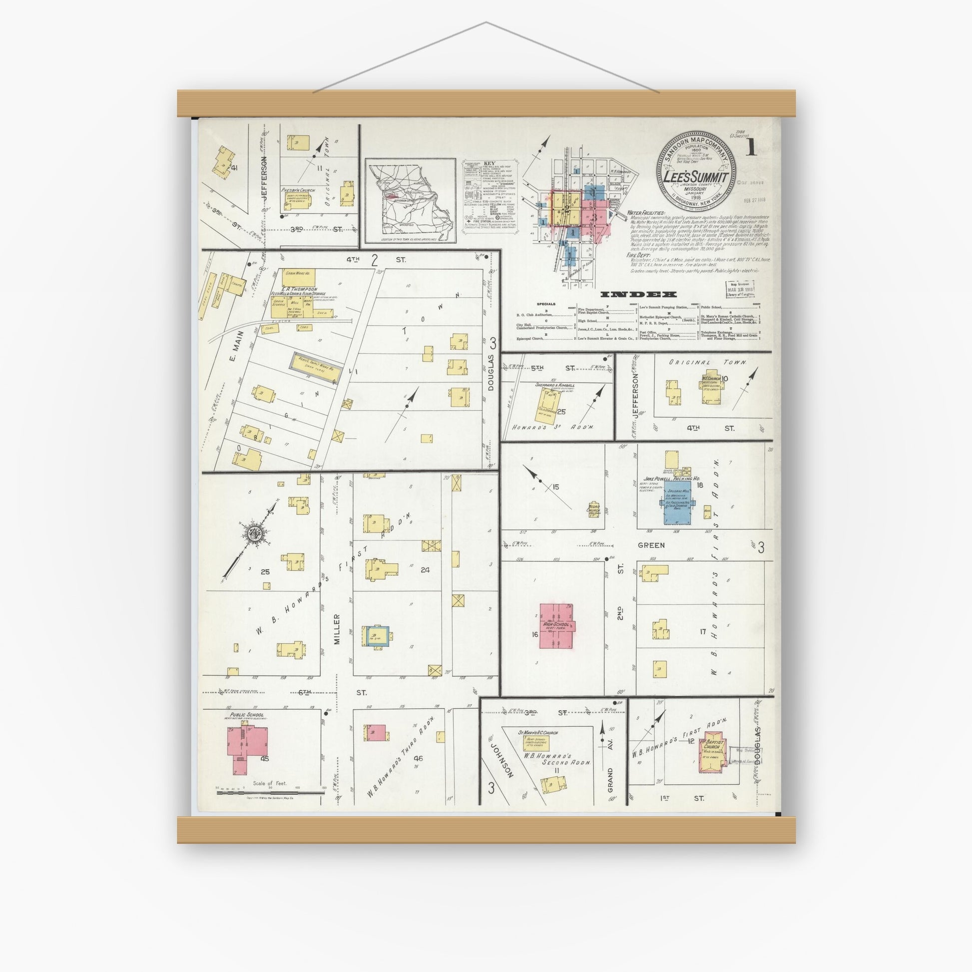 Old map wall art mockup — magnetic wood frame on white wall — Sanborn Fire Insurance Map from Lee's Summit, Jackson County, Missouri (1918) - Complete Map Set