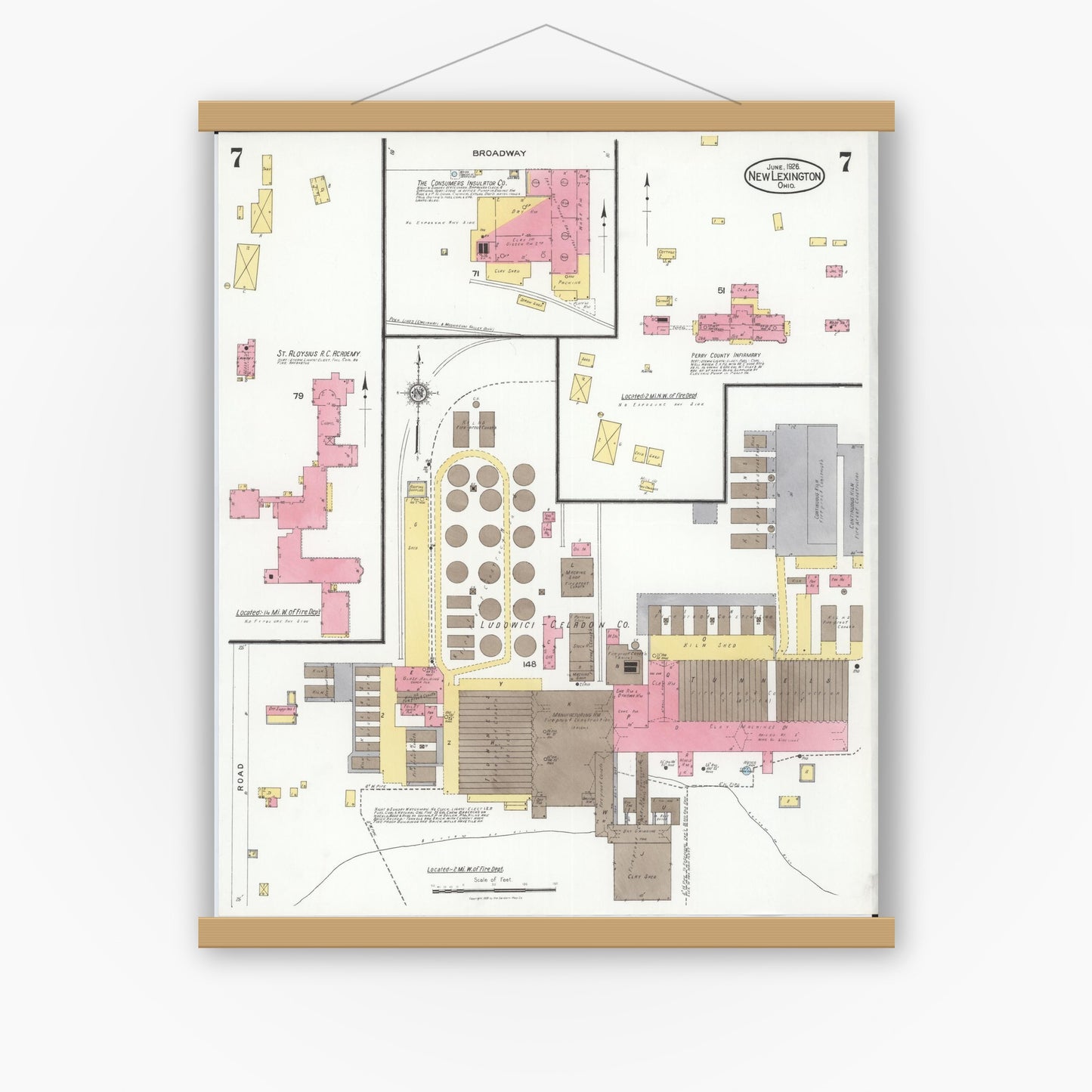 Old map wall art mockup — magnetic wood frame on white wall — Sanborn Fire Insurance Map from New Lexington, Perry County, Ohio (1926), Sheet #0007
