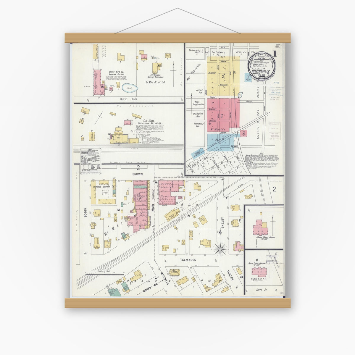 Old map wall art mockup — magnetic wood frame on white wall — Sanborn Fire Insurance Map from Higginsville, Lafayette County, Missouri (1900), Sheet #0001