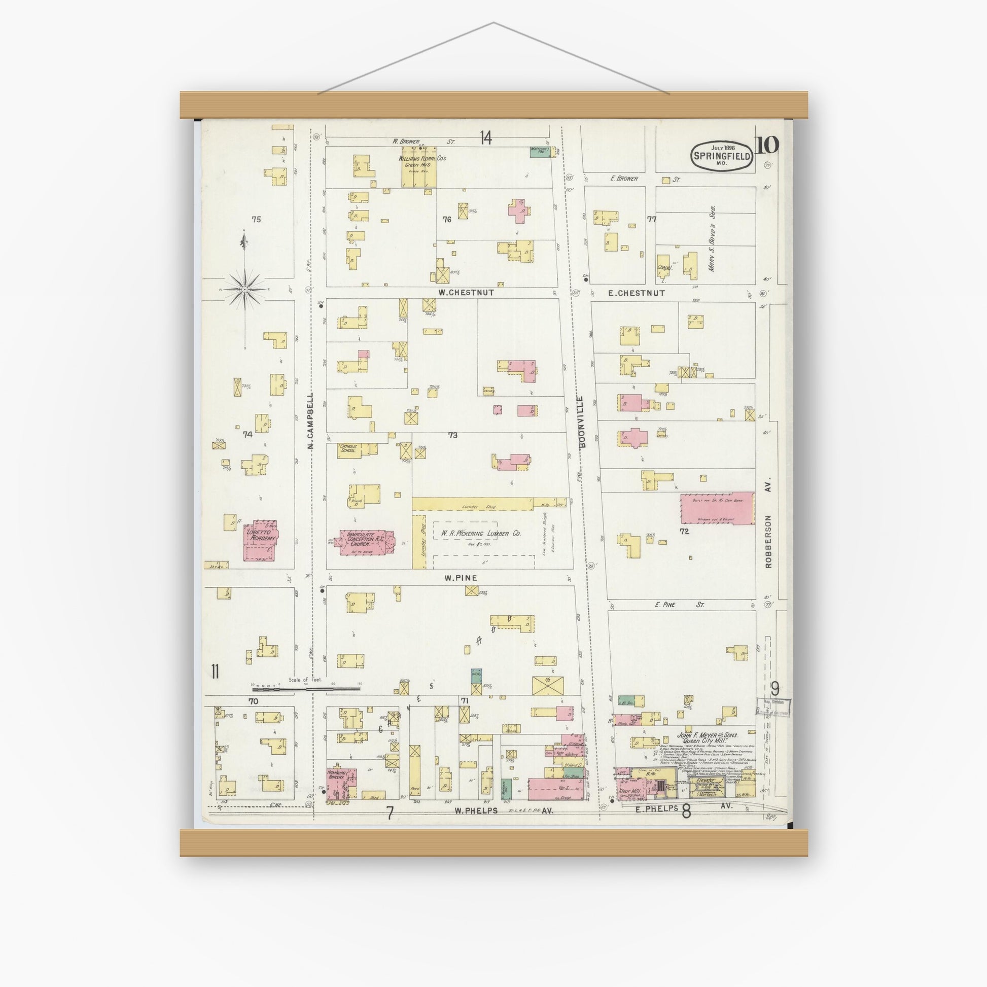 Old map wall art mockup — magnetic wood frame on white wall — Sanborn Fire Insurance Map from Springfield, Greene County, Missouri (1896), Sheet #0010