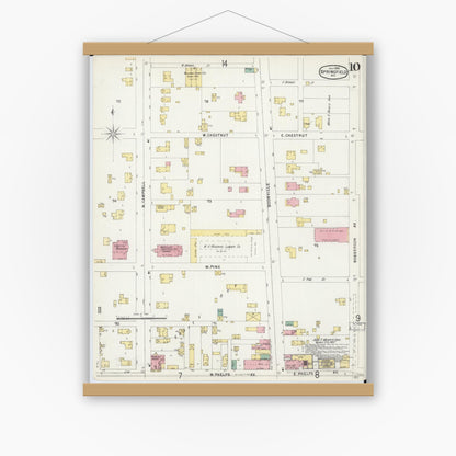 Old map wall art mockup — magnetic wood frame on white wall — Sanborn Fire Insurance Map from Springfield, Greene County, Missouri (1896), Sheet #0010