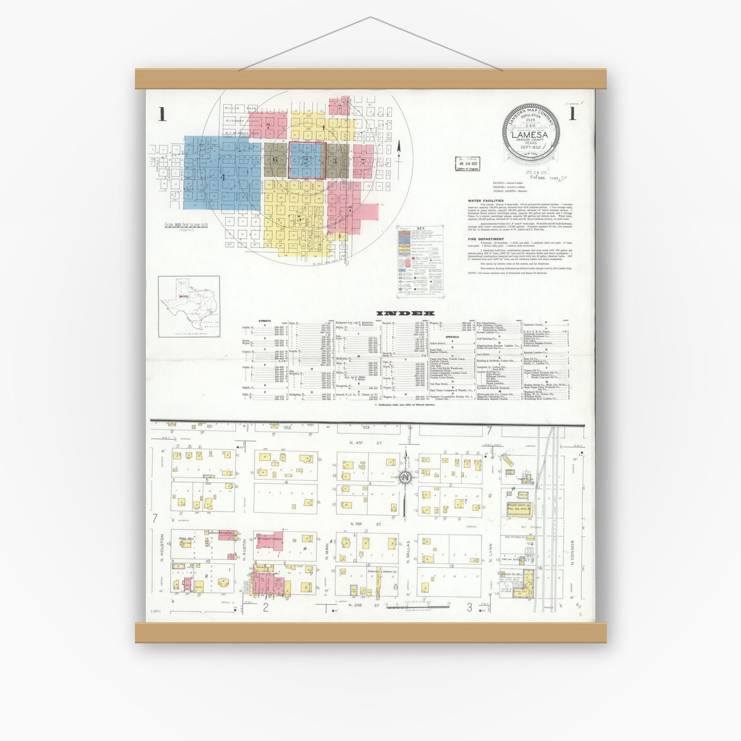 Old map wall art mockup — magnetic wood frame on white wall — Sanborn Fire Insurance Map from Lamesa, Dawson County, Texas (1932), Sheet #0001