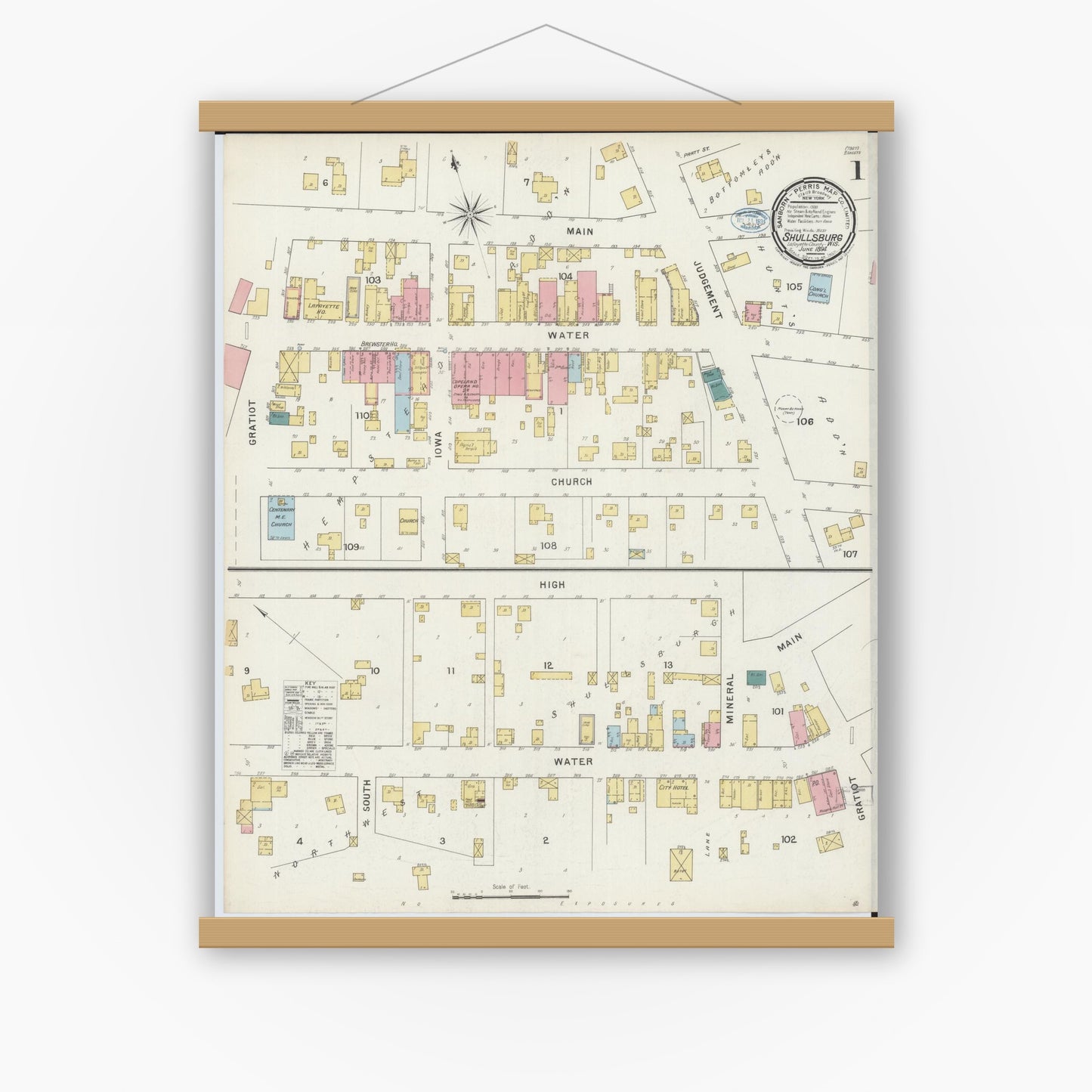 Old map wall art mockup — magnetic wood frame on white wall — Sanborn Fire Insurance Map from Shullsburg, Lafayette County, Wisconsin (1894) - Complete Map Set