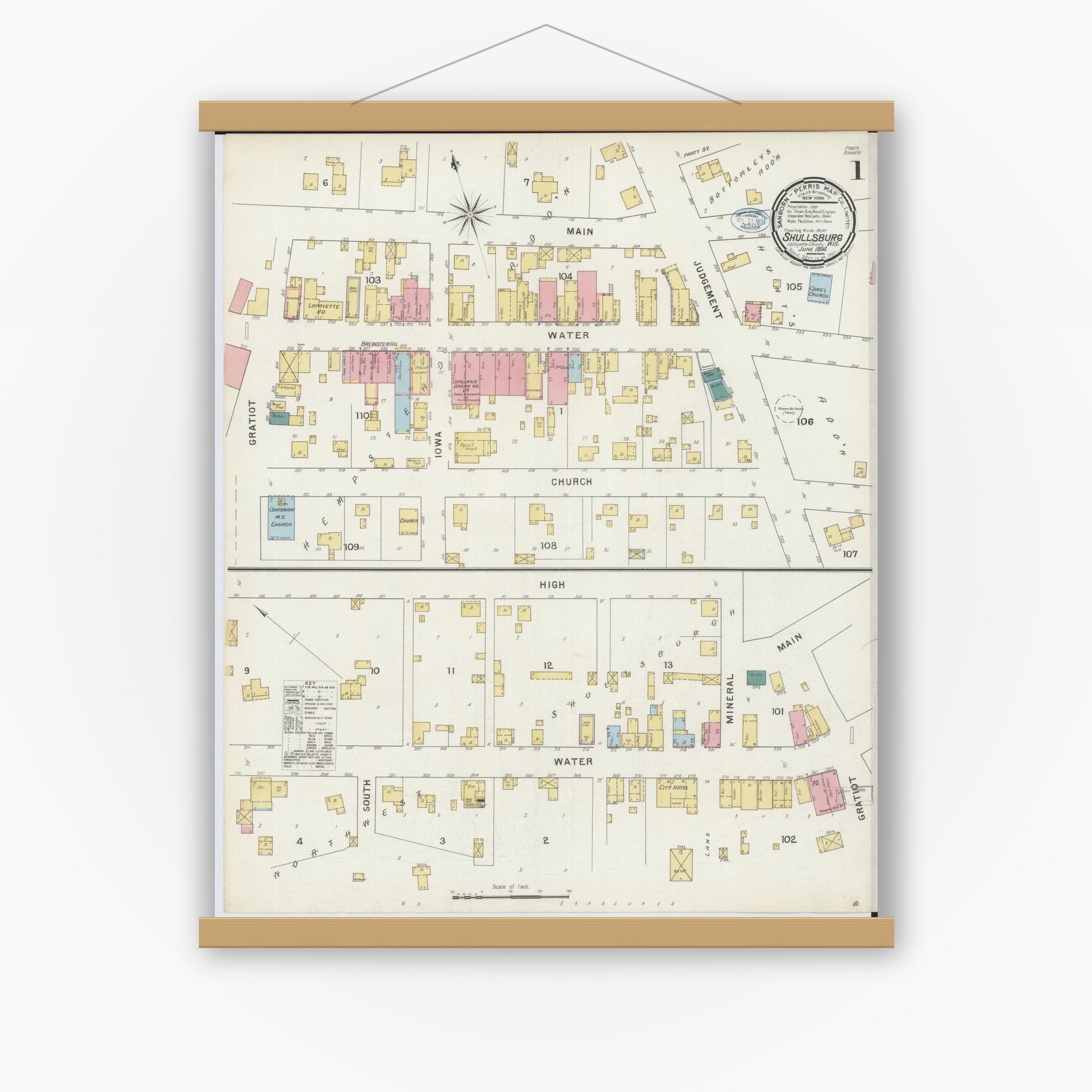 Old map wall art mockup — magnetic wood frame on white wall — Sanborn Fire Insurance Map from Shullsburg, Lafayette County, Wisconsin (1894) - Complete Map Set