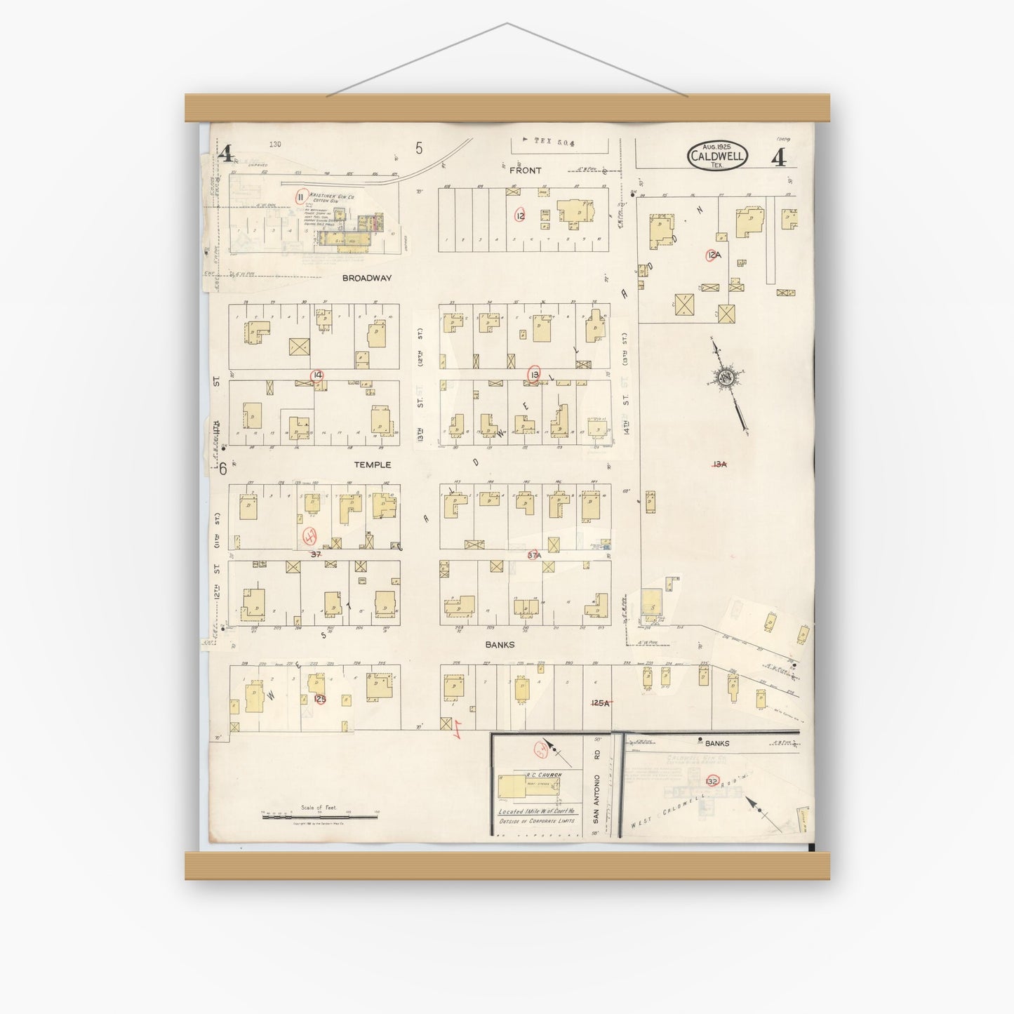 Old map wall art mockup — magnetic wood frame on white wall — Sanborn Fire Insurance Map from Caldwell, Burleson County, Texas (1943), Sheet #0004