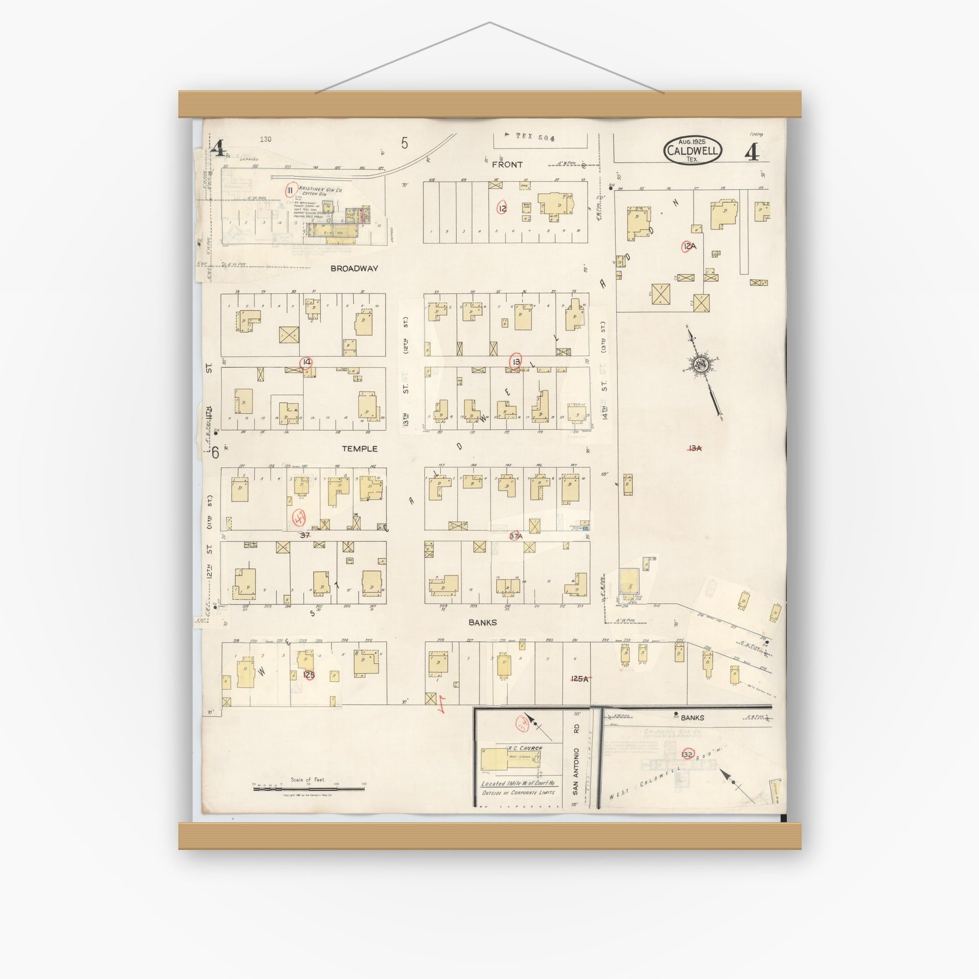 Old map wall art mockup — magnetic wood frame on white wall — Sanborn Fire Insurance Map from Caldwell, Burleson County, Texas (1943), Sheet #0004