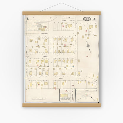 Old map wall art mockup — magnetic wood frame on white wall — Sanborn Fire Insurance Map from Caldwell, Burleson County, Texas (1943), Sheet #0004