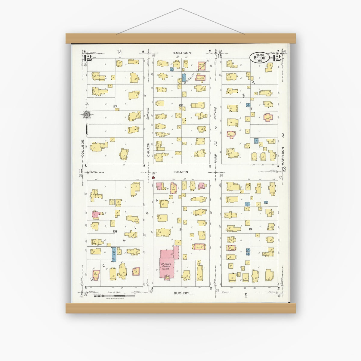 Old map wall art mockup — magnetic wood frame on white wall — Sanborn Fire Insurance Map from Beloit, Rock County, Wisconsin (1926), Sheet #0012