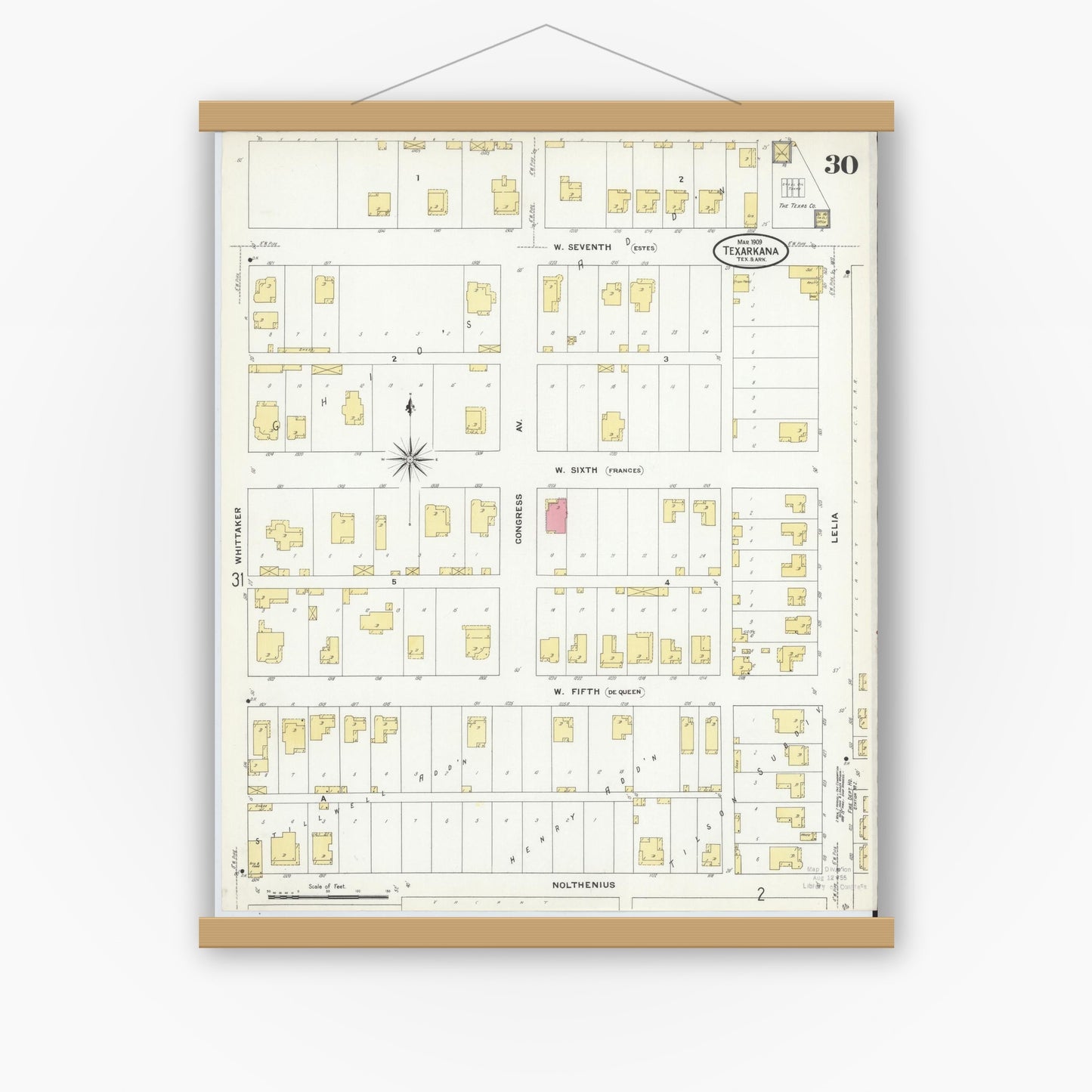 Old map wall art mockup — magnetic wood frame on white wall — Sanborn Fire Insurance Map from Texarkana, Bowie County, Texas (1909), Sheet #0030