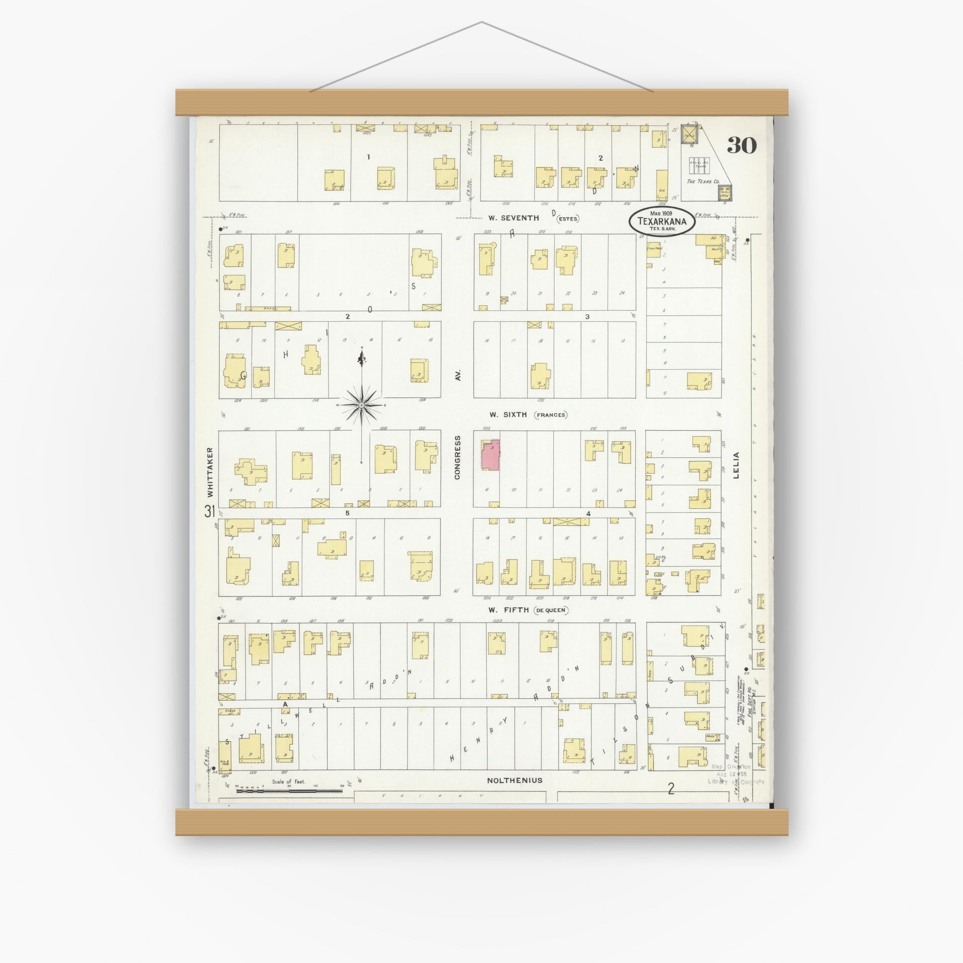 Old map wall art mockup — magnetic wood frame on white wall — Sanborn Fire Insurance Map from Texarkana, Bowie County, Texas (1909), Sheet #0030