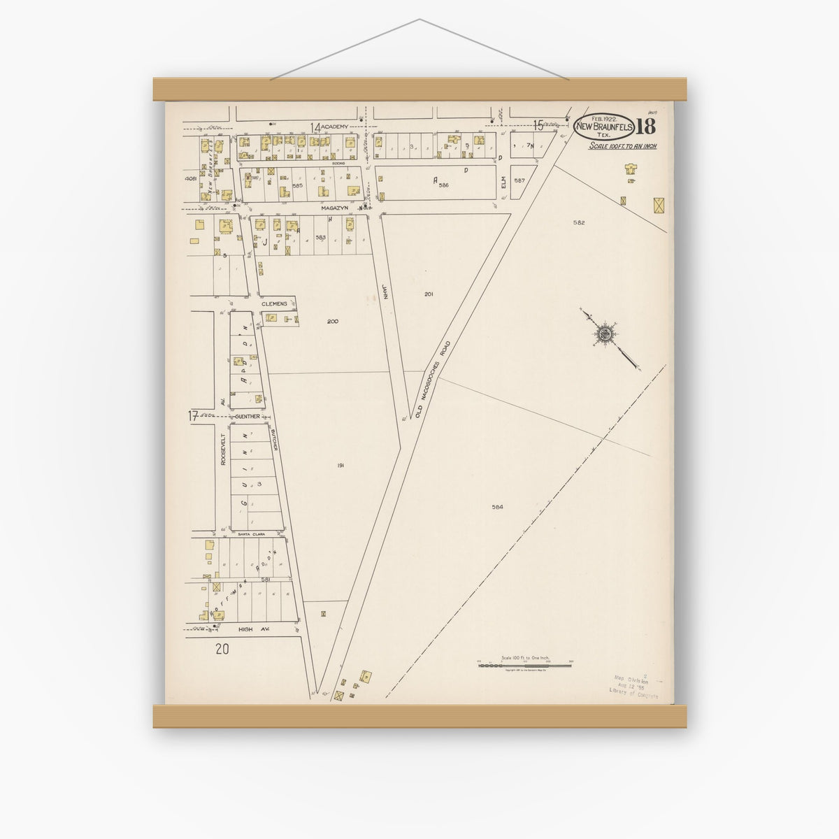 Old map wall art mockup — magnetic wood frame on white wall — Sanborn Fire Insurance Map from New Braunfels, Comal County, Texas (1922), Sheet #0018
