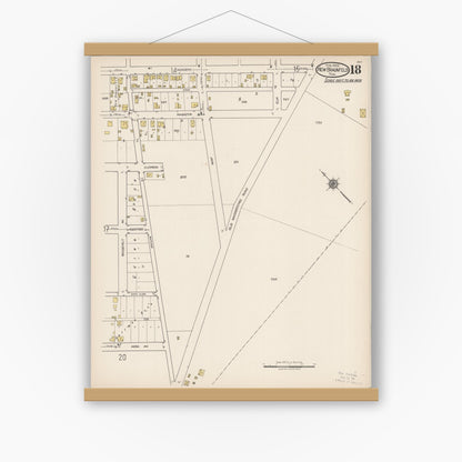 Old map wall art mockup — magnetic wood frame on white wall — Sanborn Fire Insurance Map from New Braunfels, Comal County, Texas (1922), Sheet #0018