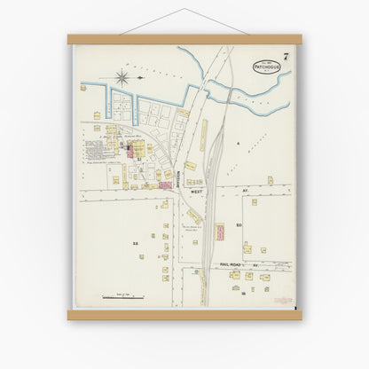 Old map wall art mockup — magnetic wood frame on white wall — Sanborn Fire Insurance Map from Patchogue, Suffolk County, New York (1891), Sheet #0007