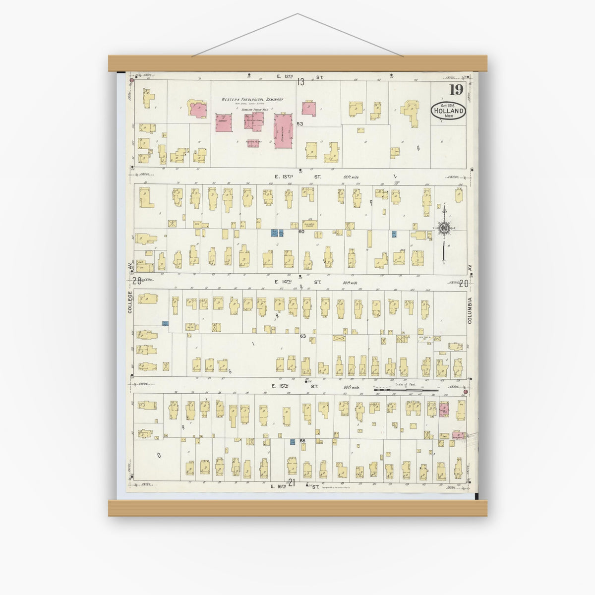 Old map wall art mockup — magnetic wood frame on white wall — Sanborn Fire Insurance Map from Holland, Ottawa County, Michigan (1916), Sheet #0019