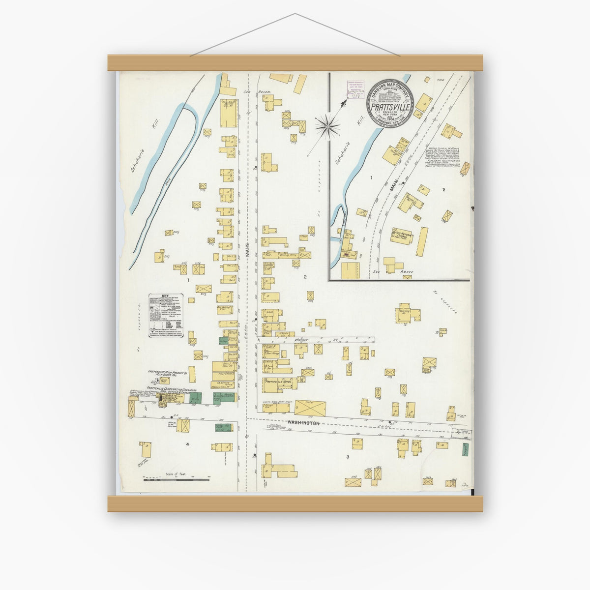 Old map wall art mockup — magnetic wood frame on white wall — Sanborn Fire Insurance Map from Prattsville, Greene County, New York (1904), Sheet #0001
