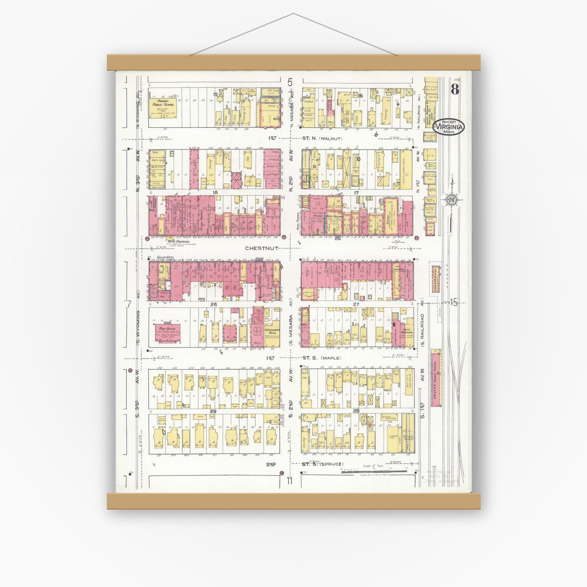 Old map wall art mockup — magnetic wood frame on white wall — Sanborn Fire Insurance Map from Virginia, Saint Louis County, Minnesota (1921), Sheet #0008