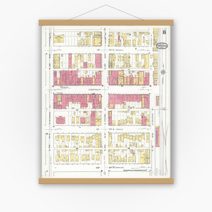 Old map wall art mockup — magnetic wood frame on white wall — Sanborn Fire Insurance Map from Virginia, Saint Louis County, Minnesota (1921), Sheet #0008