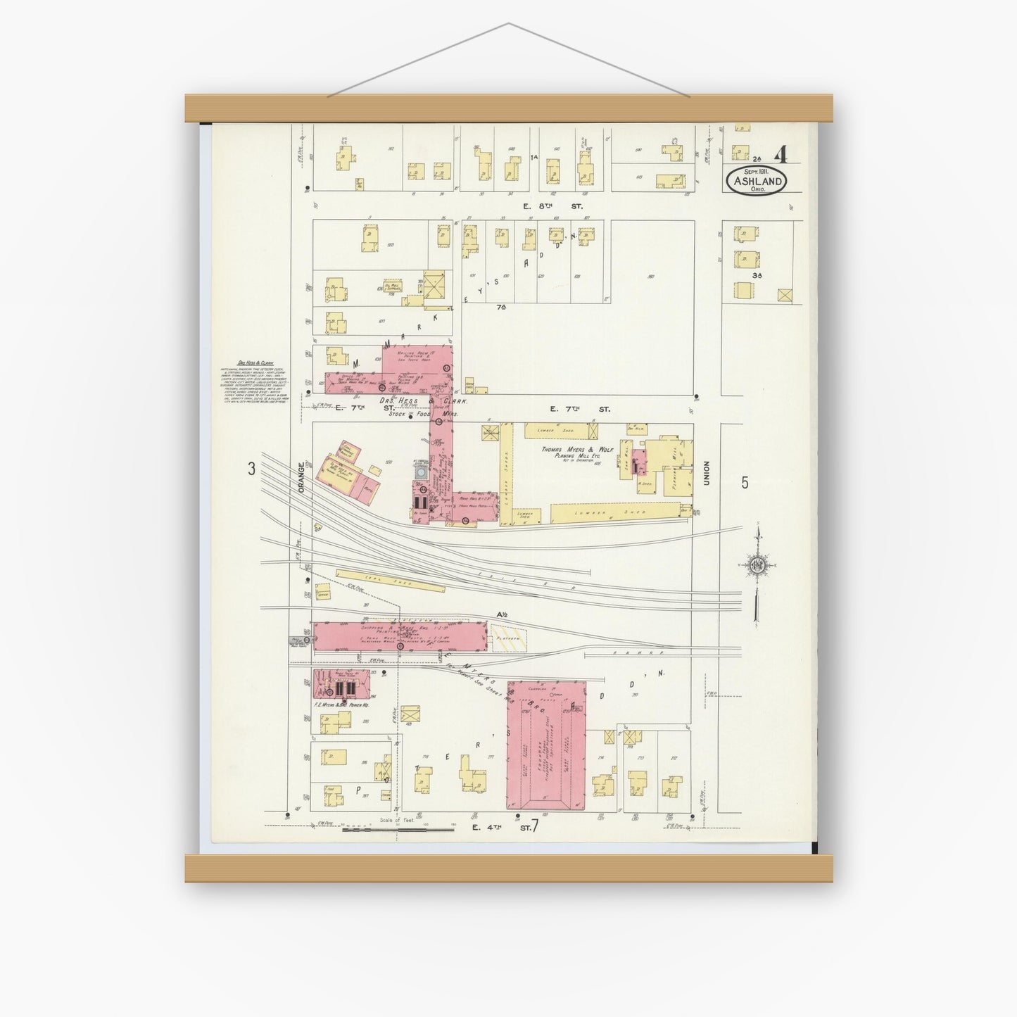 Old map wall art mockup — magnetic wood frame on white wall — Sanborn Fire Insurance Map from Ashland, Ashland County, Ohio (1911), Sheet #0004